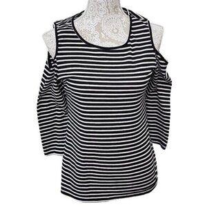 Acemi Ribbed Top Black/White Striped Cold Shoulder 3/4 Sleeve Women's Large